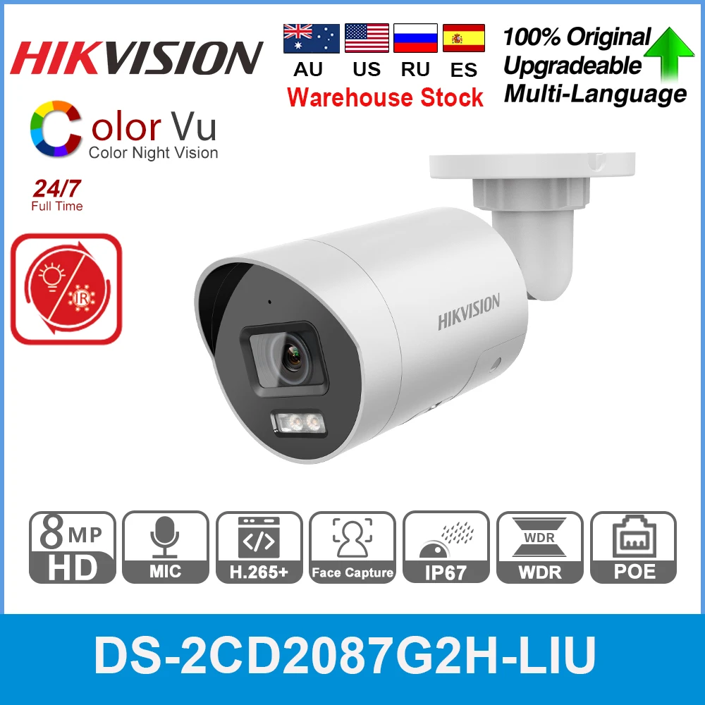 Hikvision 8MP IP Camera DS-2CD2087G2H-LIU 4K Built-in Mic Dual-Light Smart Hybrid Light With ColorVu Fixed Turret Network Camera