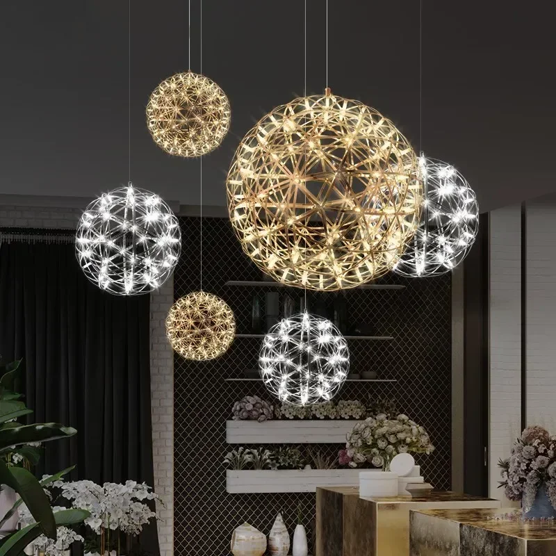 Modern Brief Loft Spark Ball LED Lights Chandelier Fixture Firework Stainless Steel Lobby Lustre Pendant Lamp Home Deco Lighting