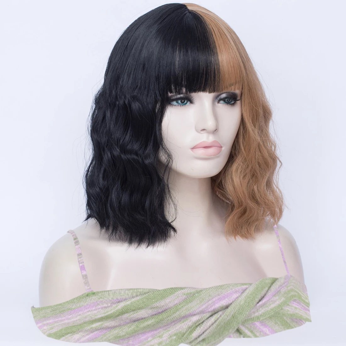 Women Synthetic Wigs Short Curly Black Brown Double Spell Color Wig With Bangs Cosplay Lolita Party Heat Resistant Fake Hair