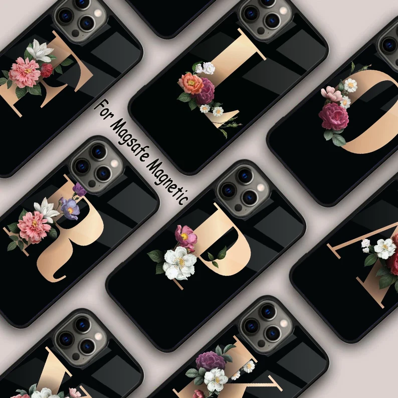 

Elegant Floral Alphabet Font Letter Magnetic Phone Case For APPLE iPhone 16 14 13 12 11 Pro Max 15 Plus Wireless MagSafe Cover