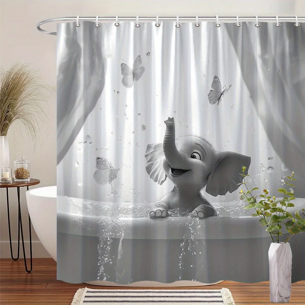 

1 шт. занавеска со слоном из мультфильма, игривая вода и бабочки, искусство CGI, полиэстер, 70,86x70,86 дюйма, 12 крючков, молодежный декор для ванны