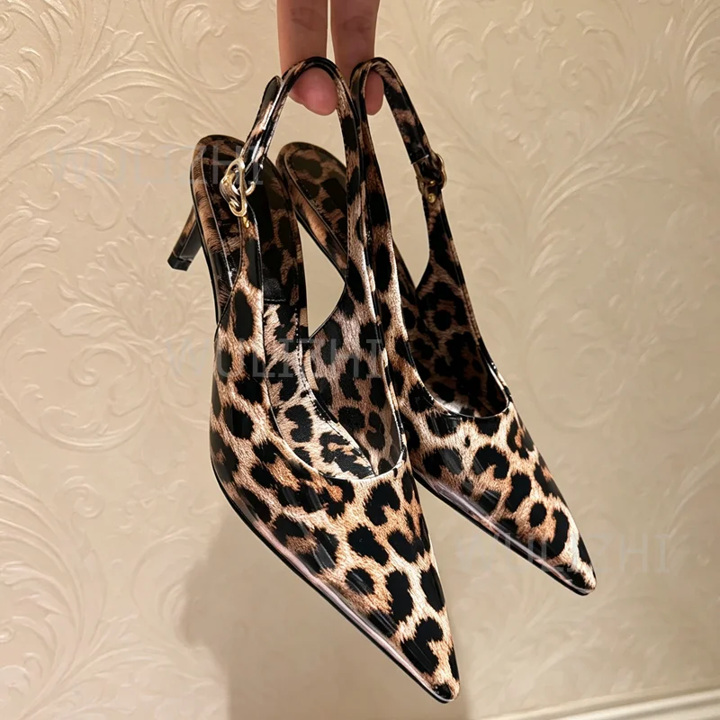

Brown Leopard Print Black Polka Dot Graffiti Slingback Sandal Women Stiletto Heel Genuine Leather Pointed Ankle Buckle Pump Shoe