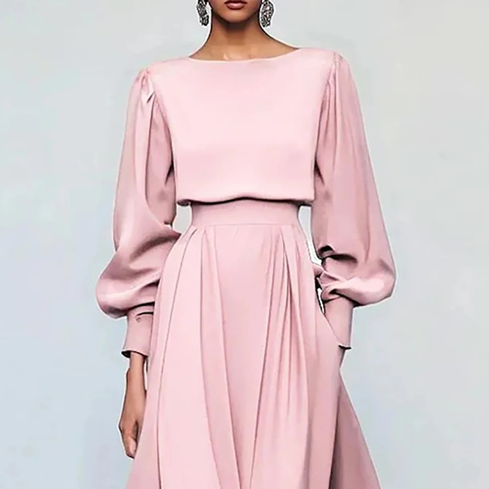 여성용 핑크 새틴 드레스 롱 랜턴 슬리브 하이 웨이스트 언밸런스 밑단 미디 드레스 정장 파티 이브닝웨어 우아하고 시크한 베스티도스