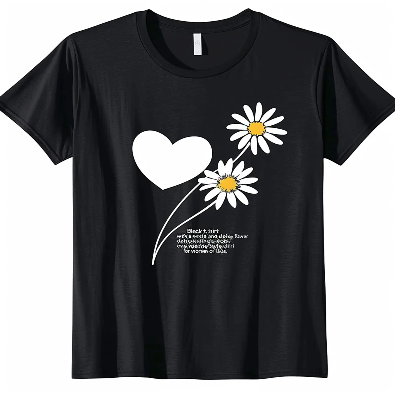 Black TShirt with Heart and Daisy Design Perfect for 's Day Women and Kids