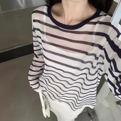 Lino traspirante confortevole Stripe Loose-Fit donna Top 2024 Summer Old Money Syle t-shirt HIgh Street Outfit