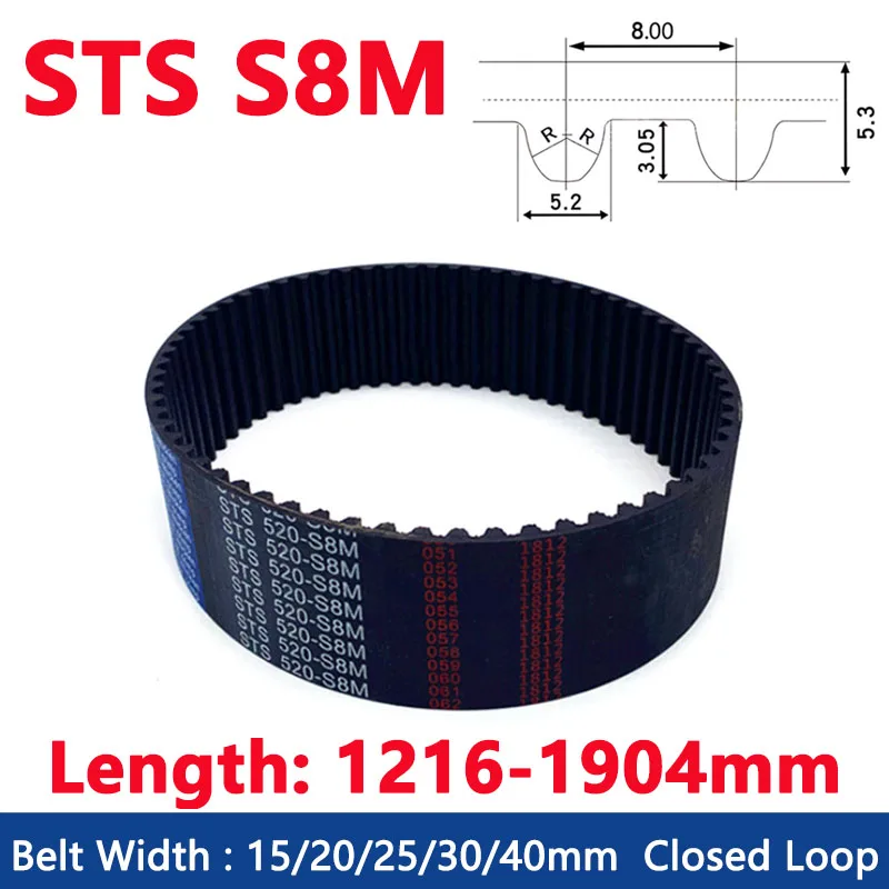 

STS S8M Closed Loop Rubber Timing Belt Width 15/20/25/30/40mm Synchronous Belt Drive Toothed Belt Length 1216 1224 1240-1904mm