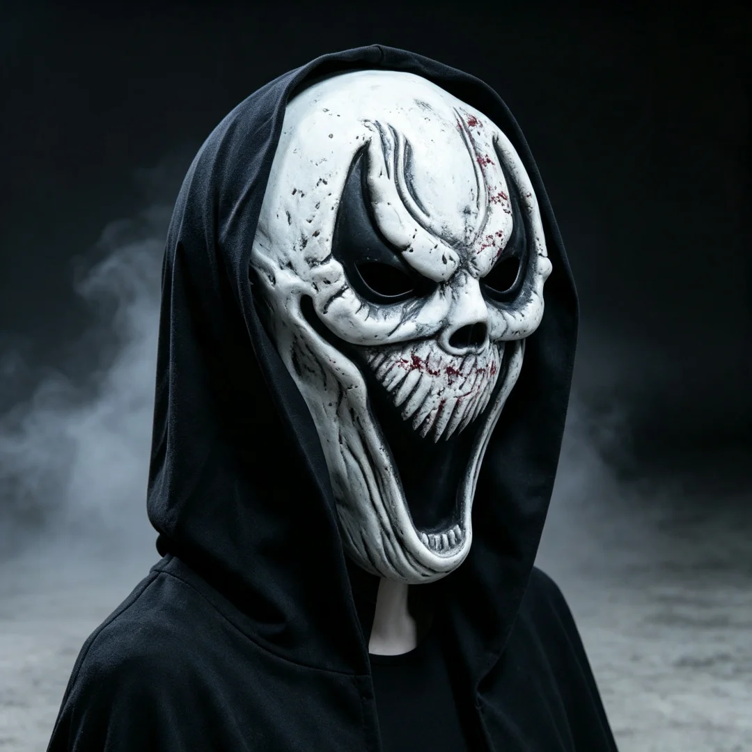 Scary Demon Skull Latex Mask with Black Hood, Bloody Horror Full Head Headgear, Halloween Cosplay Costume Prop for Haunted House Party Carnival