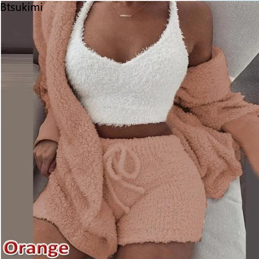 New 2025 Women Velvet Three Piece Suit Outfits Soft Warm White Matching Set Crop Top And Shorts Lounge Home Wear Pijama Oversize
