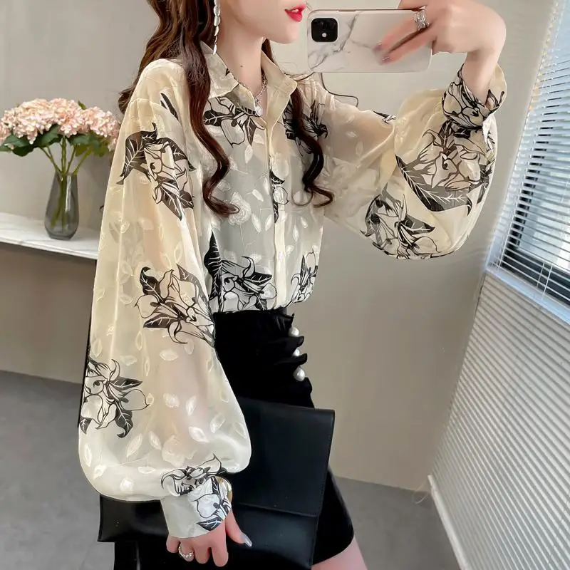 2024 Spring Summer Women Trendy Print Embroidery Chic Button Up Shirt Casual Lantern Long Sleeve Thin Chiffon Blouse Loose Tops