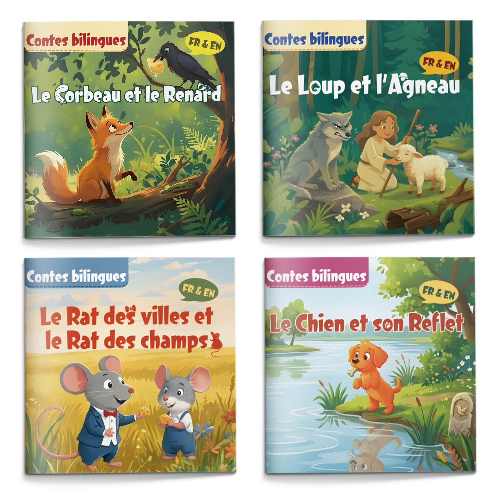 French-English Bilingual Fables 4-Book Set: Classic Picture Storybooks, Crow & Fox, Wolf & Lamb, Town Mouse, Dog & Reflection