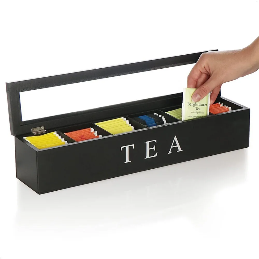 

Wooden Box for Tea Room Coffee Capsule Storage Watch Jewelry Organizer with Solid Wood Flip Cover and Compartments