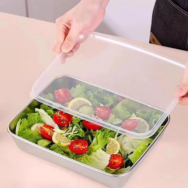 304 Stainless Steel Square Plate With Lid Rectangular Food Storage Pan Commercial Dish Tray Large Refreshing Lunch Box Container