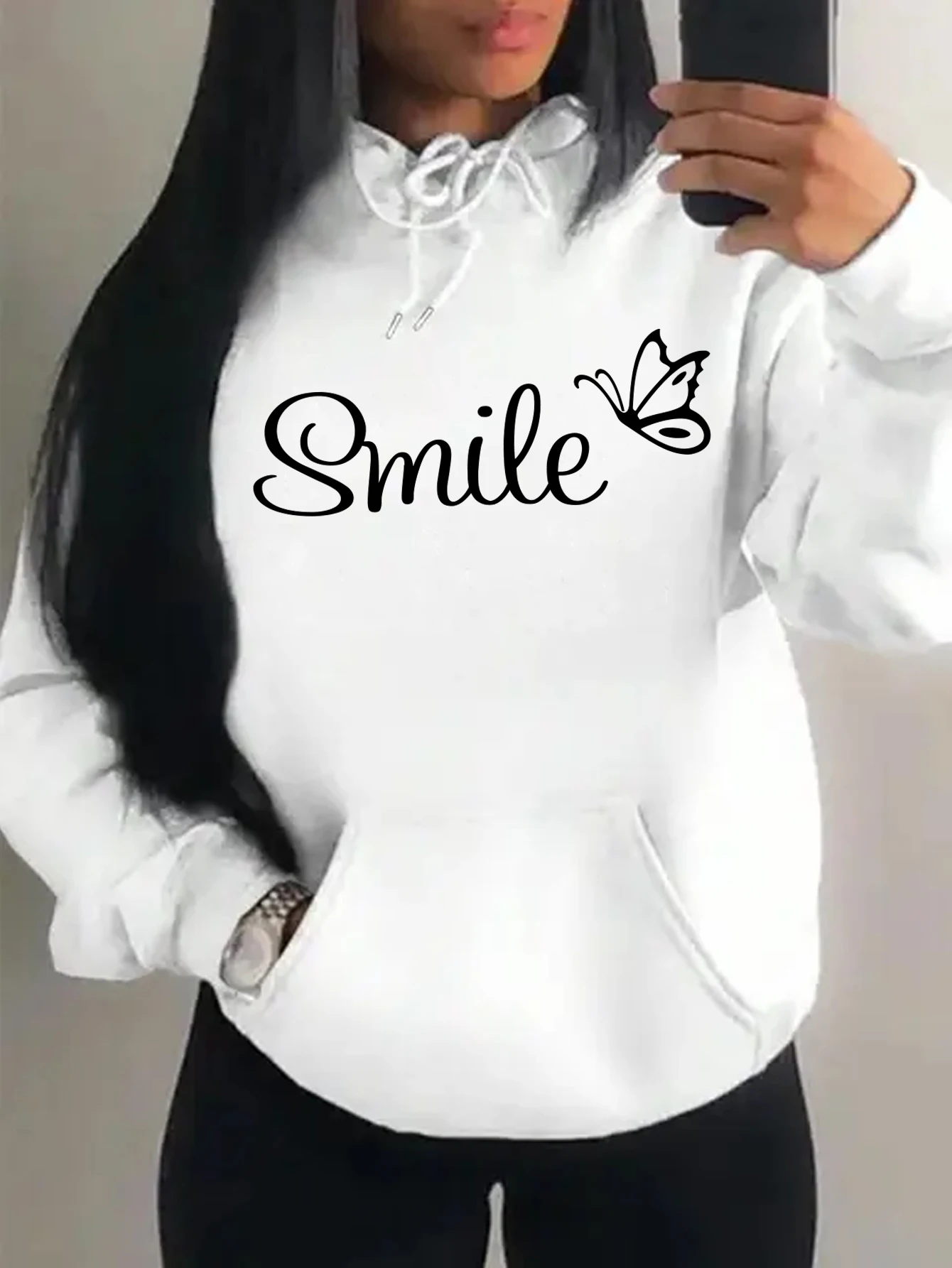 

Happy Font Language Butterfly Pattern Hoody For Women Sport Pocket Clothing Cute Multicolor Streetwear Autumn Fashion Hoodies