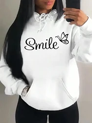 Happy Font Language Butterfly Pattern Hoody For Women Sport Pocket Clothing Cute Multicolor Streetwear Autumn Fashion Hoodies