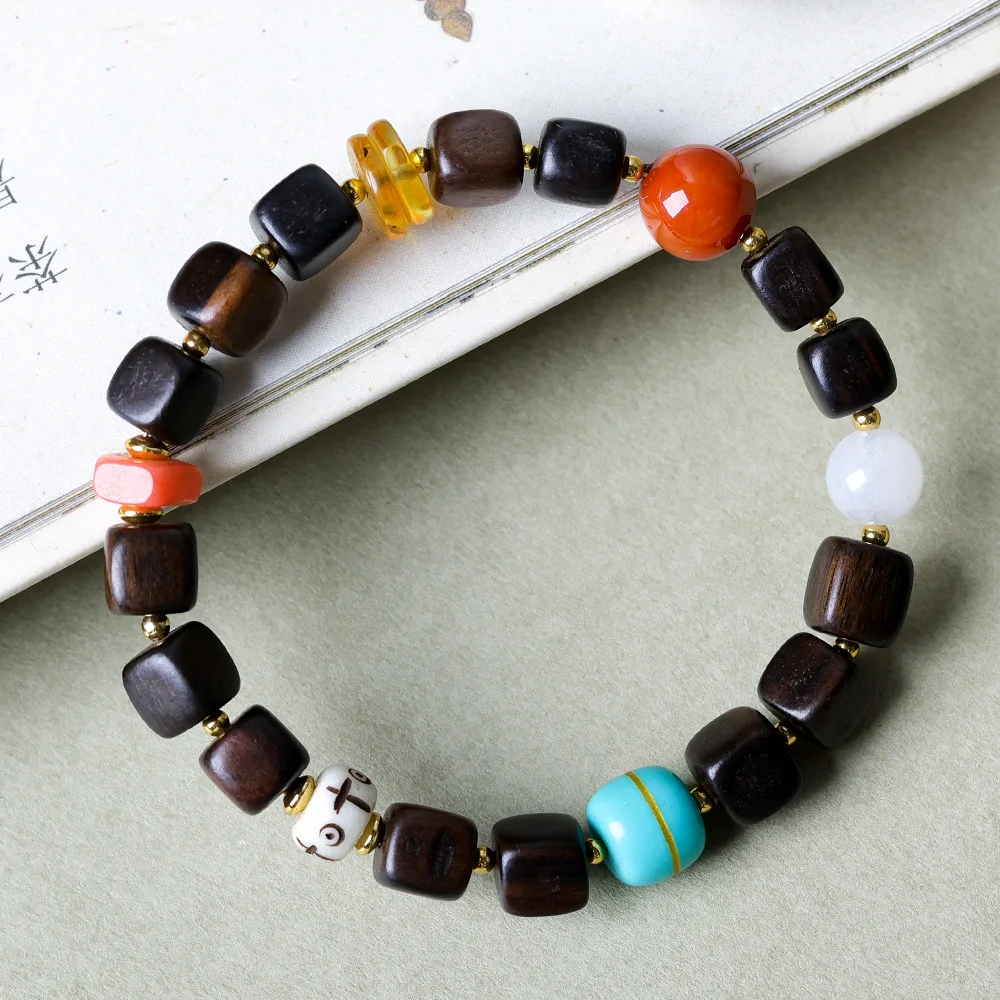 

Dalagan Agarwood Square Bead Bracelet Original Cultural Play Chinese Hand String Buddha Bead Male and Female Jewelry Hand String