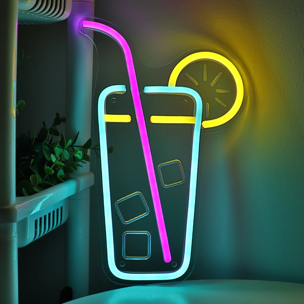 1PC  Juice Glass With Lemon Curving Ice Cubes LED Wall Neon Sign For Party Club Milk  Coffee Shop Wall Decoration7.44\'\'*11.42\'\'