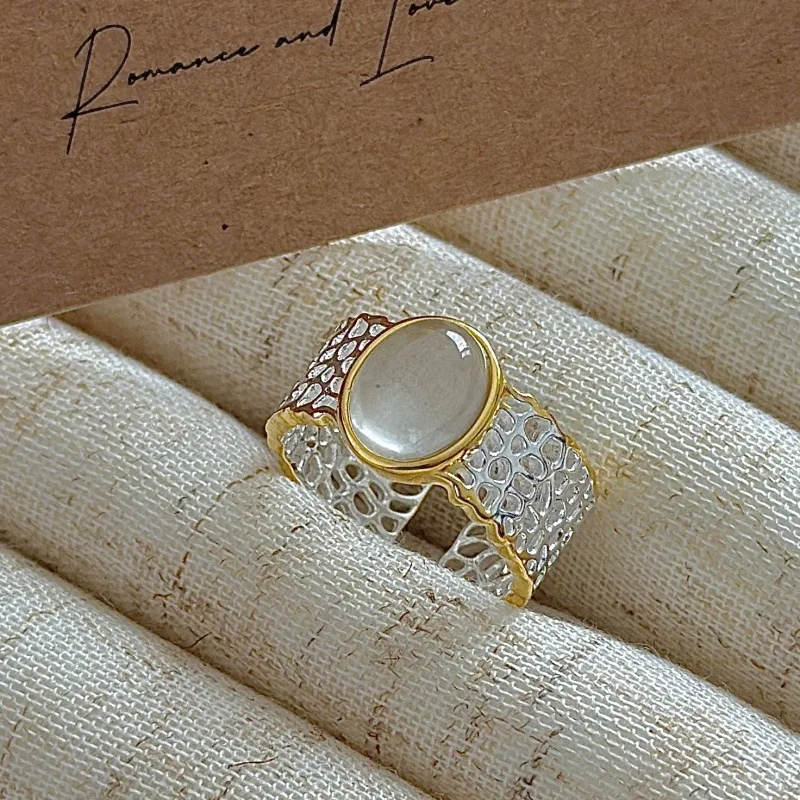 [Cciris.Com] S925 Silver Two-Tone Chalcedony Ring Japanese Vintage Minimalist Wholesale Stacking Jewelry for Women