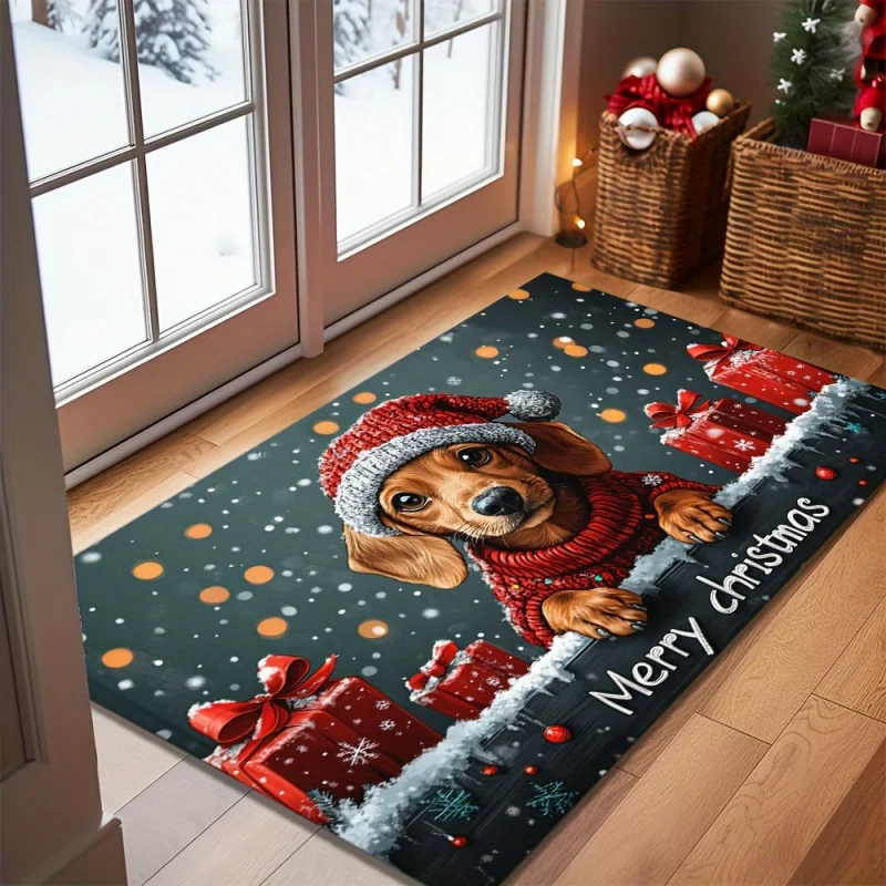 VIKAMA Merry Christmas Dachshund Entry Doormat Snowflake Gift Pattern Non Slip Mat For Porch Indoor Home Christmas Decoration
