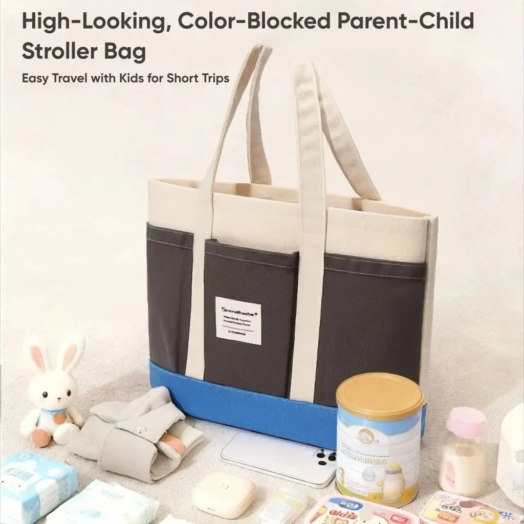 

Fashion Canvas Mommy Bag Tote Minimalist Color Block Diaper Bag For Mom Dad Lightweight Large Capacity Baby Stuff Organizer