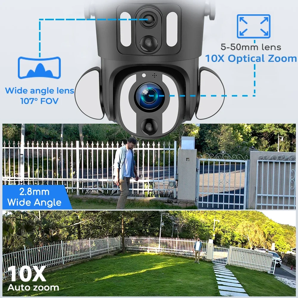 10X Optical Zoom Solar Camera Dual Lens 5MP WiFi/4G LTE SIM Card PTZ IP Camera Auto Tracking Dome Surveillance Camera PIR Detect