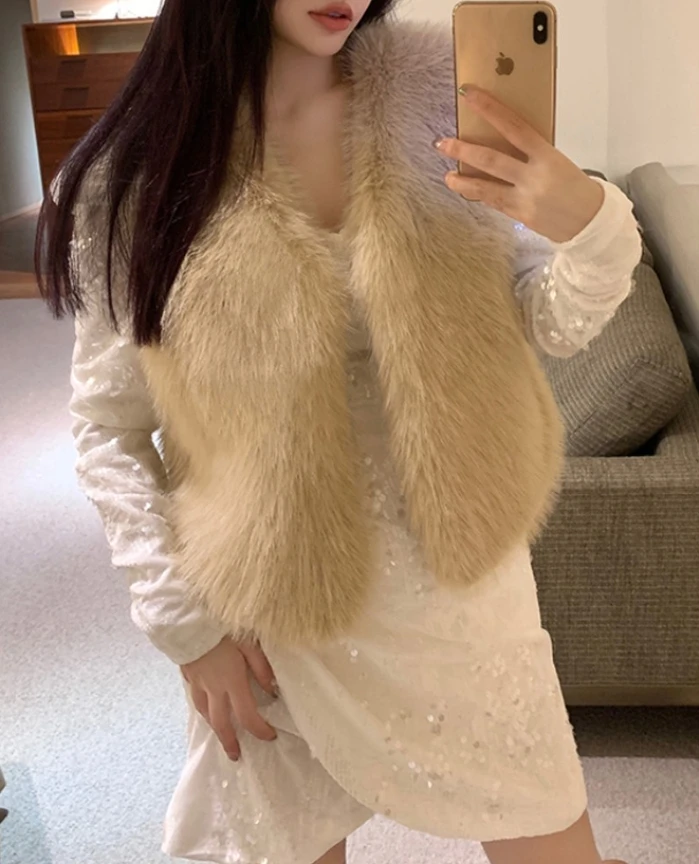 Women Vest 2025 Autumn New Solid Color Open Front Sleeveless Faux Fur Vest Coat Soft Winter Warm Casual Jacket Outwear