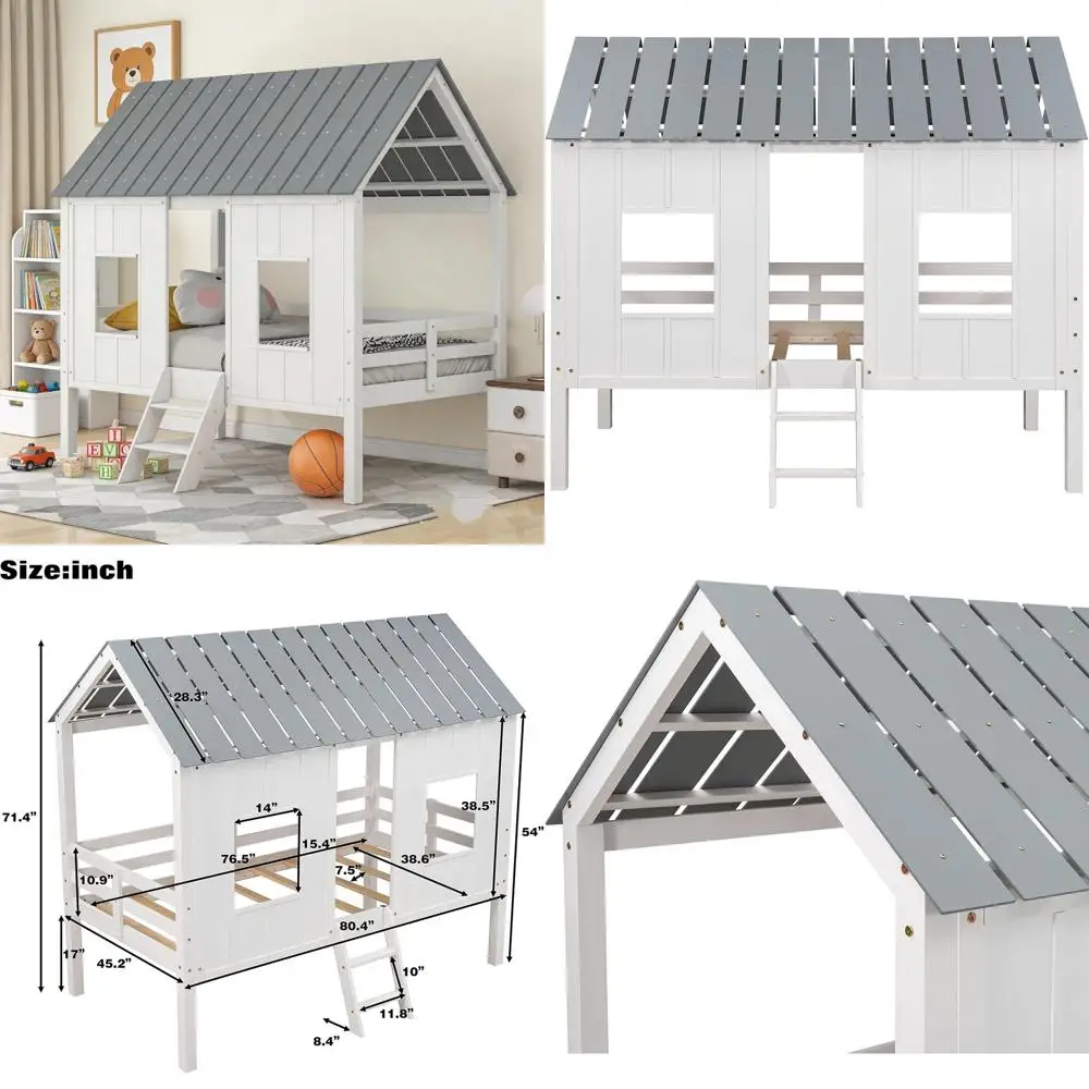 

Twin Size Low Loft Bed with Windows, Ladder, and Storage for Kids - Easy Assembly, White