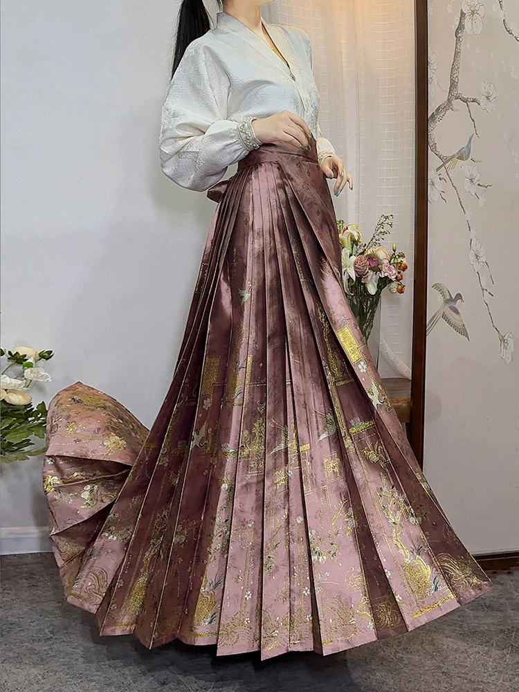 

Qingyuan Original Hanfu Tailed Skirt【 Crane Flng Youth】Autumn Winter Pattern Floral Weave Gold All Match Daily Skirt