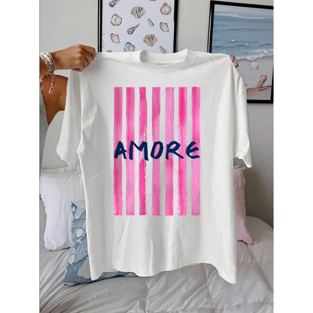 AMORE Striped Art Pattern Summer Outfits Women Casual Round Neck Short Sleeve Female T-Shirt Tops