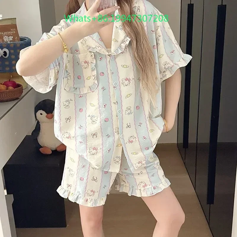 

2025 new summer Hello Kitty white sweet women's loungewear two short-sleeved shorts cartoon Hello Kitty women's pajamas