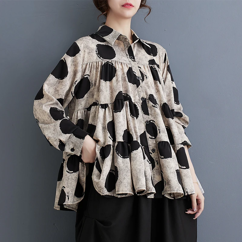 

SuperAen 2024 Spring New Fashion Wave Dot Print Versatile Shirt Casual Loose Doll Shirt