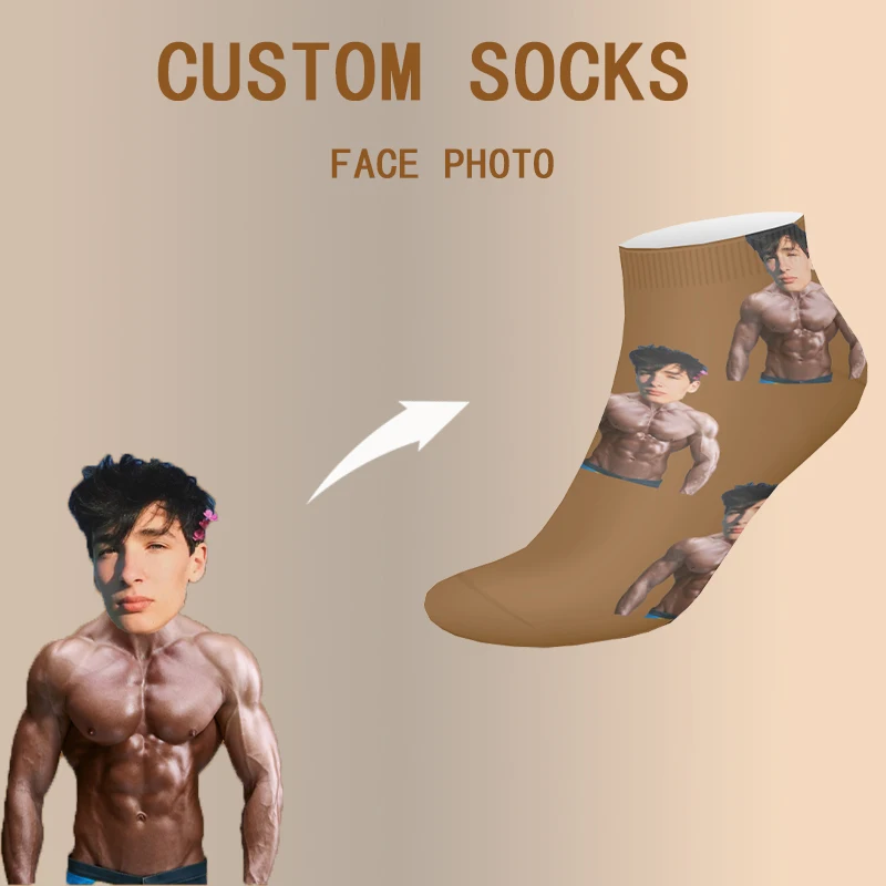 Lustige Muscle Mens Custom DIY Logo Kurze Socken Unisex Komfortable Warme 3D Drucken Angepasst Gesicht Foto Drucken Crew Socken