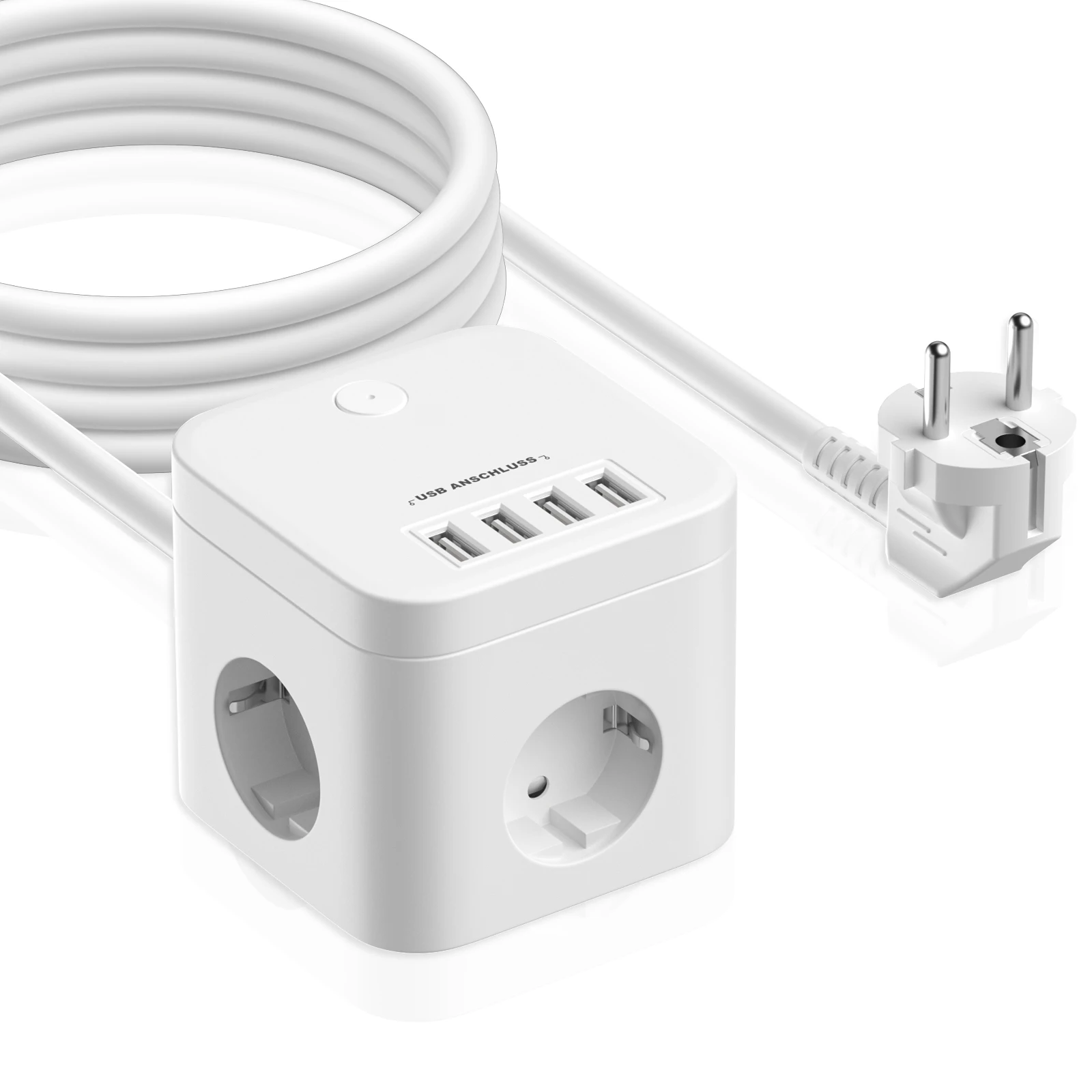 EU Cube Extension Cord Power Socket, Multi-Outlet Power Strip with 3 AC Outlets and 4 USB, with Switch 2m Cable for Home Office