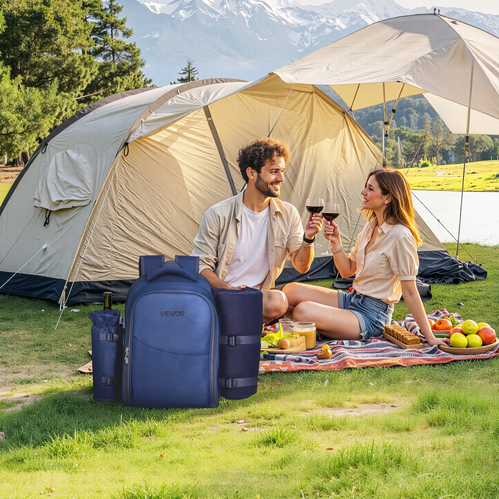 

Пляжная сумка-рюкзак для пикника на 2 человек с охлаждающим отделением, темно-синяя