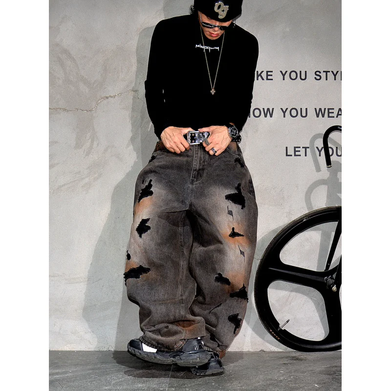 Vintage American Dirty Wash Destroyed Ripped Wide Leg Jeans Men, Wasteland Style Plus Size Stacked Denim Trousers