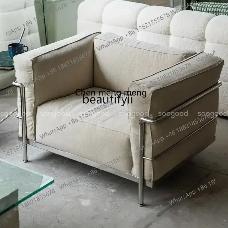 

X A Гостиная в стиле ретро, французский средний и древний стиль, одиночный повседневный дизайнерский льняной кожаный диван