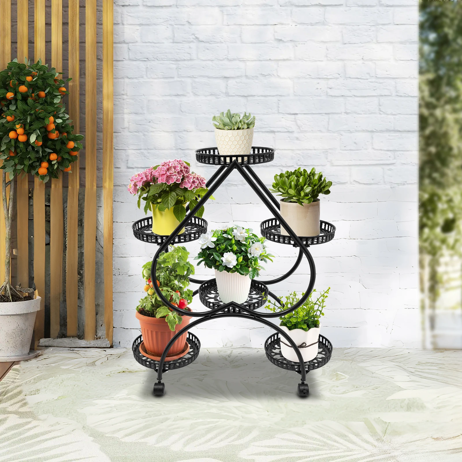 

4-Tier Heart-Shaped Plant Stand,Black - 6-Pot Iron Display Rack with Wheels, for Indoor/Outdoor Patio,Garden,Living Room,Balcony