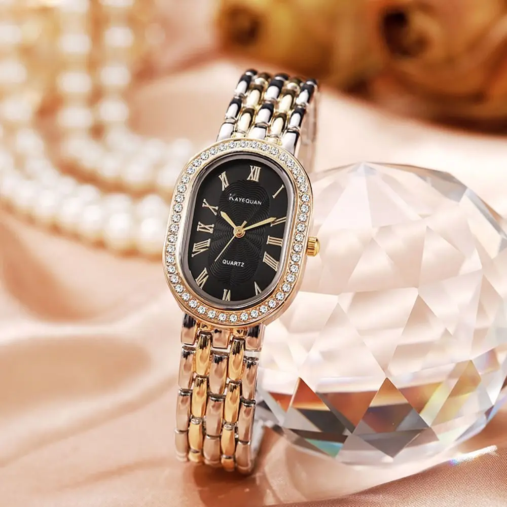 Oval Dial Women's Quartz Watch Minimalist Rhinestone Encrusted Ladies Wristwatch Adjustable Quartz Movement Vintage Female Clock