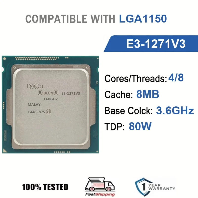 Intel Xeon E3-1271V3 4 núcleos 8 hilos 3,6 GHz 80 W 8 MB de caché 22 nm LGA1150 SR1R3 DDR3/DDR3L 1333/1600 MHz Haswell