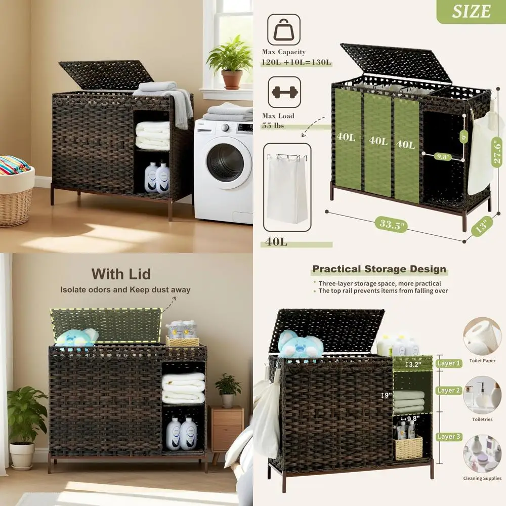 

Triple-Tier Wicker Laundry Hamper with Lid and Storage Basket