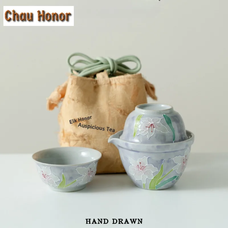 

Туманный фиолетовый чистый ручная роспись лилий, дорожный чайный сервиз, традиционный 1 горшок, 2 чашки, органайзер для приготовления чая, портативные пакеты для пикника