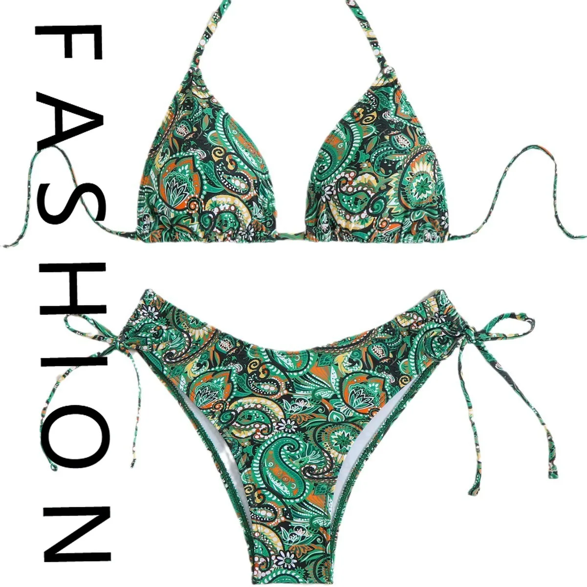 

2025 new bikini split swimsuit women's two-piece set sexy halter suit swimsuit beach gathering conservative belly cover