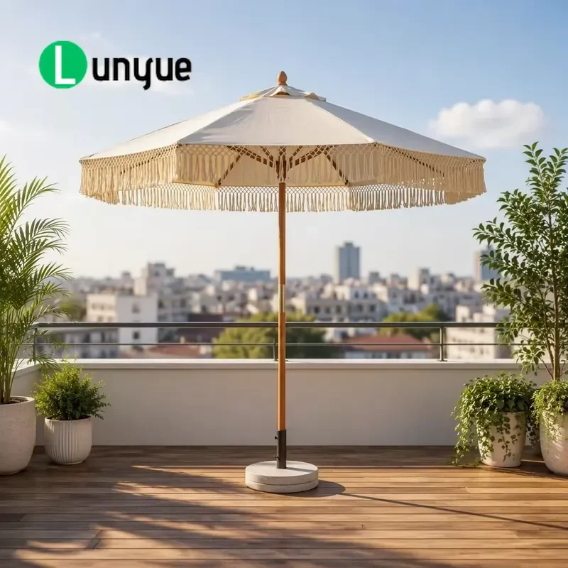 Bohemian Outdoor Garden Umbrella with Tassel UV Protection Aluminum Pole for Poolside Backyard Patio Sunshade