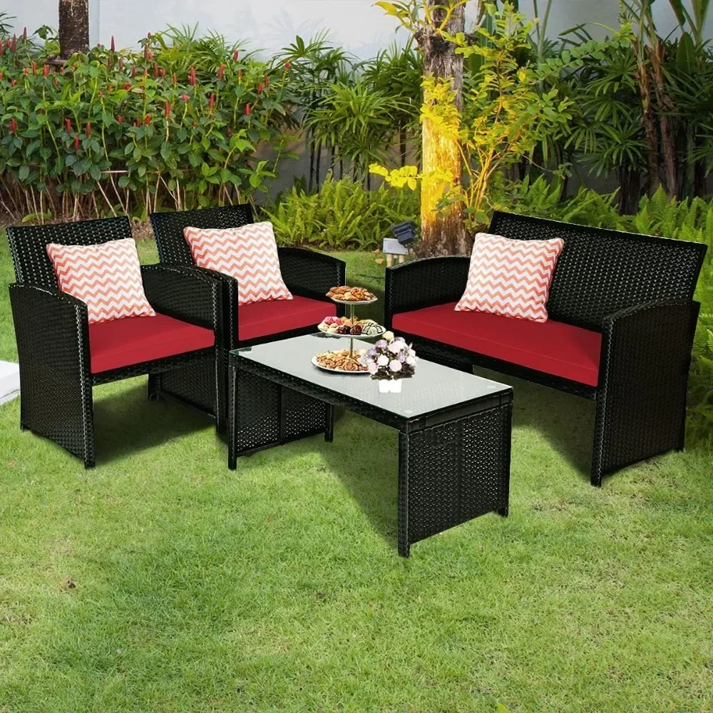 Patio Wicker Conversation Furniture Set, Patiojoy Sofa & Table Set W/4 Seats,Outdoor Rattan Sofa Set for Balcony Backyard,Wicker