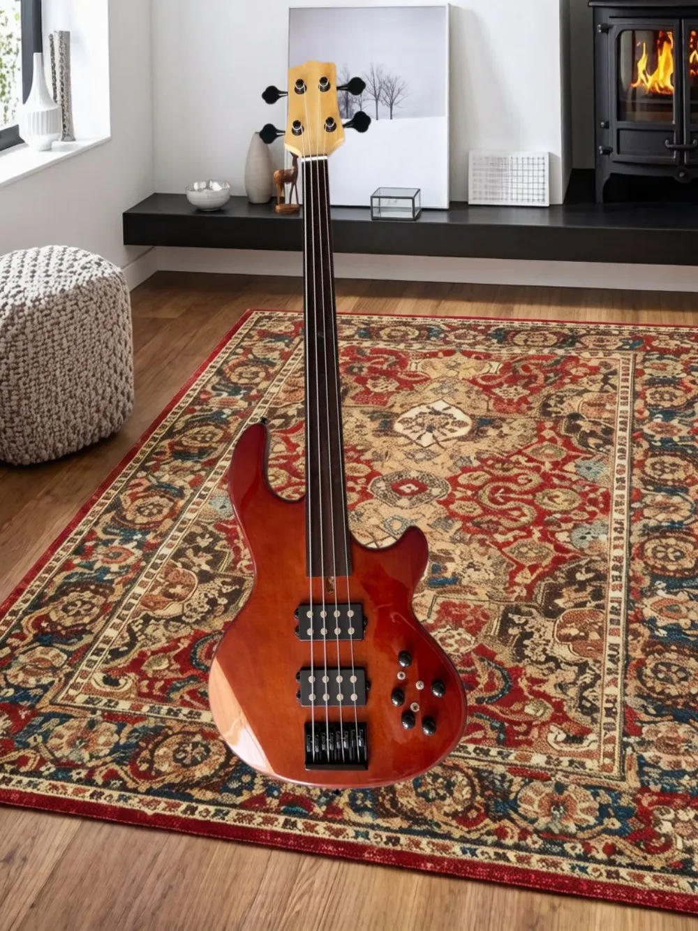4 string brown bass guitar high-quality bridge, solid wood body, rosewood fretless fingerboard, active and passive switching