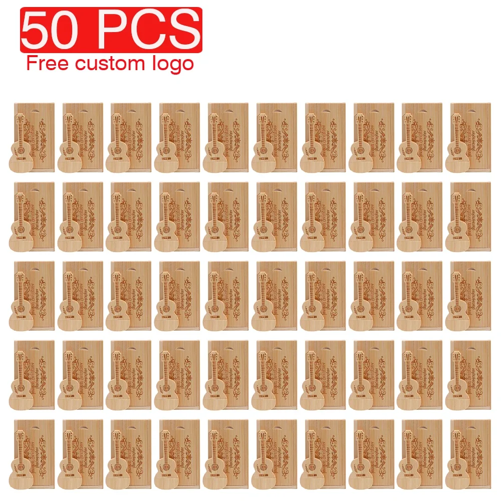 50PCS/LOT Wooden Guitar USB Flash Drive 128GB Free Custom Logo Pen Drive 64GB Wedding Gift Memory Stick External Storage 32GB