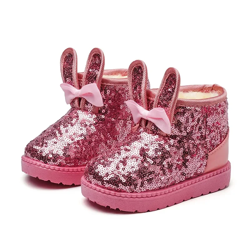 Girls Snow Boots Kids Ankle Boots Autumn Winter Fashion Princess Cute Rabbit Ear with Glitter Sequins Warm Thick Plush Cotton