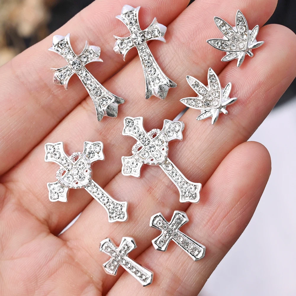 10 pz/lotto Halloween Luxury Silver Cross Nail Art Charm Parts Punk Y2K Metal Style Jewelry lega Shinny Nail Diamond Decoration