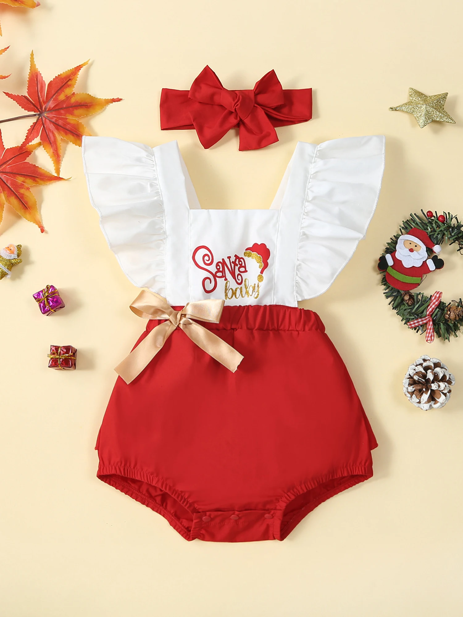 

Toddler Girls Winter Holiday Jumpsuit with Ruffle Sleeves and Bow Headband Set for Christmas Party Outfit