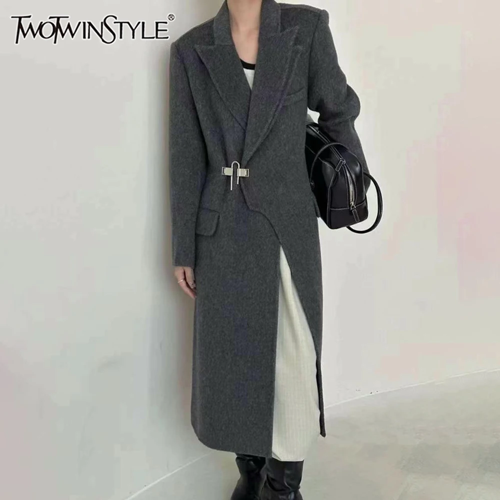 TWOTWINSTYLE Solid Patchwork Pocket Trench For Women Notched Collar Long Sleeve Designer Loose Coats Female Fashion Clothes New