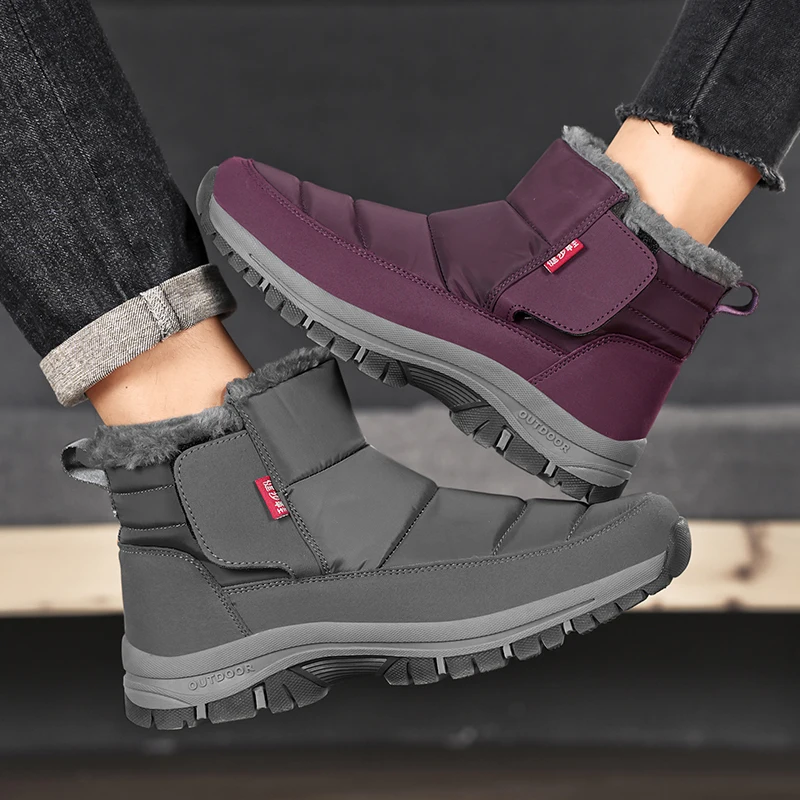 Waterproof Snow Boots with Grey Suede Leather Upper Simple Winter Boots with Anti Slip Grip Outsole Ankle Boots Men and Women